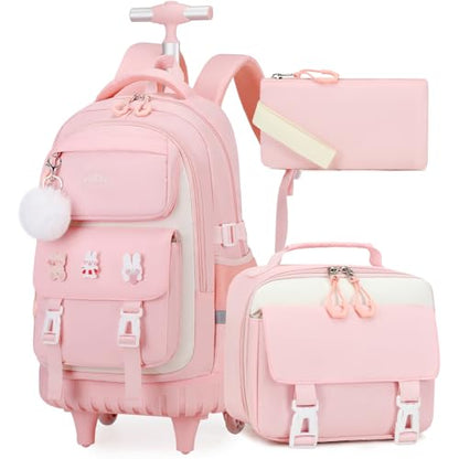 DIGOBAY Rolling Backpack for Girls, Roller Bag with Lunch Box Pencil case | Kawaii Girls Roller Backpack With Wheels School Bookbag With Cute Pins for Elementary Middle School, Pink - color: Pink