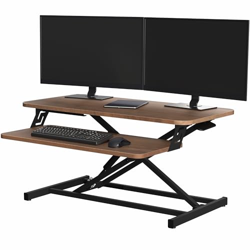 VIVO Dark Walnut 32 inch Stand Up Desk Riser, DESK-V000SD | Height Adjustable, Standing Desk Converter, Quick Sit to Stand, Tabletop Dual Monitor Riser Workstation, Minimal Assembly - color: Dark Walnut, size: 32"