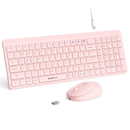 Pink Wireless Keyboard and Mouse Combo for Desktop Mac iPad Bluetooth 2.4 Ghz Rechargeable Slim Silent Click with Number Pad Compatible with Pc, Laptop, Tablet (Pink) - color: Pink