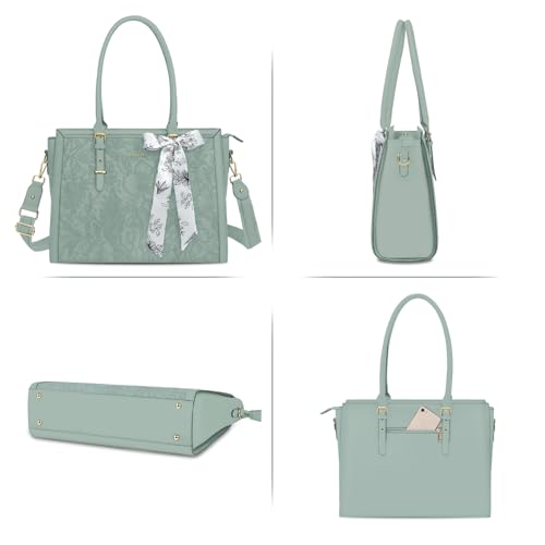 MOSISO Laptop Bag for Women, 17-17.3 inch PU Leather Tote Bag | Compatible with MacBook, HP,Dell, Front Embossed Retro Hibiscus Computer Bags with Silk Scarf&Clutch Purse, Antique Green - color: Antique Green, size: 17.3 inch