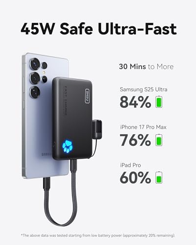 INIU 45W Fast Charging Portable Charger, Smaller 10000mAh Travel Power Bank | Flight-Safe, Detachable USB C Cable, Travel Essential, External Battery Phone Pack for iPhone 17 Samsung S26 iPad etc - color: Black