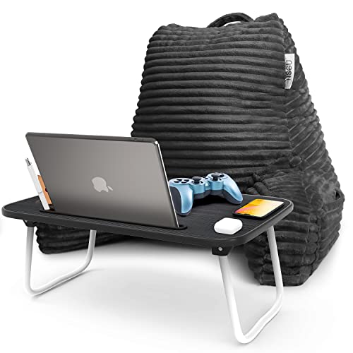 Nestl Dark Grey Reading Pillow with Bed Desk for Laptop and Writing, Luxe Cut Plush Back Pillow for Sitting Up, Back and Arms Adjustable Support for Adult and Teens, Foldable Lap Desk for Bed 22x14” - color: 01- Dark Grey, size: Standard 18"