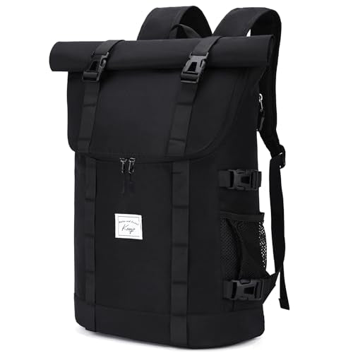 Kasqo Rolltop Backpack, Water-Resistant Backpack with Laptop Compartment for 15.6 Inch Computer Men Women 26L-33L Daypack - color: Black