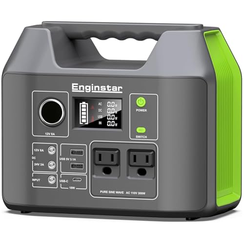 EnginStar Solar Generator, 300W Portable Power Station, 296Wh Lithium Battery Backup w/Two 110V Pure Sine Wave AC Outlet for Camping Road Trip RV, 80000mAh Sufficient Power Supply for Blackout - color: Green