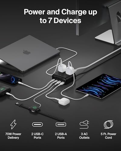 Belkin 70W GaN 7 in 1 Charging Station, 3X AC, 2X USB A, & 2X USB C Ports | Power strip, dual USB-C charger, iPhone 17/16/15, Apple Watch, iPad, MacBook, Samsung Galaxy S26, Pixel 10 - style: 70W, 3 AC Outlet