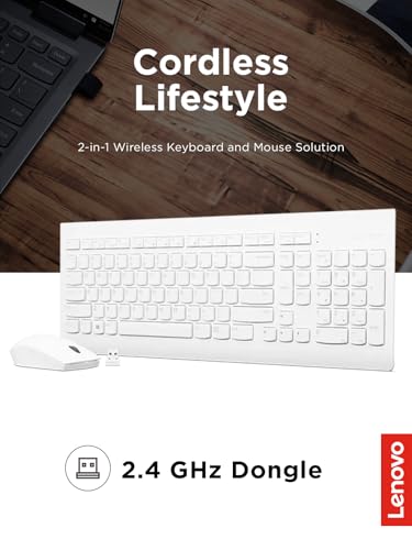 Lenovo 510 Wireless Combo with 2.4 GHz USB Receiver, Slim Full Size Keyboard, Full Number Pad, 1200 DPI Optical Mouse, Left or Right Hand, GX30W75336, White - color: White