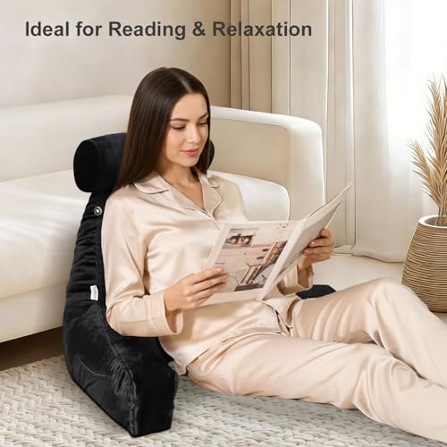 Reading Pillow for Adults Sitting‑Up in Bed, Backrest with Arms | Detachable Neck‑Cushion; Shredded Memory‑Foam; Side Pockets; Washable Velvet Cover; Gaming & TV, Sofa Use - color: Black