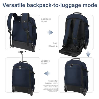 Backpack with wheels,rolling backpack with 2 Packing Cubes and compression bags,Laptop Compartment,Water Resistant Luggage suitcase,Air Travel,Weekend Trips (Blue) - color: Blue