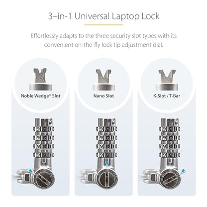 StarTech Universal Laptop Lock, 6.6ft, TAA, Cut-Resistant Cable (2m) | Security Cable For Notebooks Compatible With Noble Wedge/Nano/K-Slot, Keyless Combination Locking Cable - size: Adjustable, style: Resettable Combination