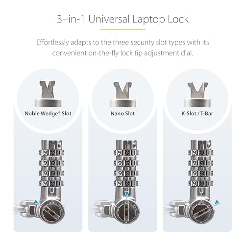 StarTech Universal Laptop Lock, 6.6ft, TAA, Cut-Resistant Cable (2m) | Security Cable For Notebooks Compatible With Noble Wedge/Nano/K-Slot, Keyless Combination Locking Cable - size: Adjustable, style: Resettable Combination