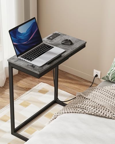 TUTOTAK Large C Shaped End Table, Side Table with Charging Station C Table | Tilting Laptop Stand with Storage, Computer Couch table for Living Room, Bedroom, Charcoal Grey TB01BY090 - color: Charcoal Grey, style: Plug
