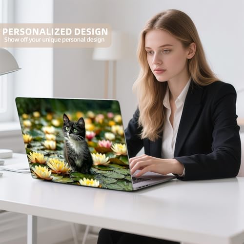 Universal Laptop Skin Sticker for 12/13/14/15.6 Inch Laptops, Reusable Vinyl Laptop Decal Cover, Waterproof Scratch Resistant Notebook Skin with 2 Wrist Pads,Water Lily Cat - color: Water Lily Cat