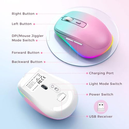 PEIOUS Wireless Mouse Jiggler - LED Wireless Mice with Build-in Mouse Jiggler Mover, Rechargeable Moving Mouse for Computer with Undetectable Random Movement Keeps Computer Awake - Gradient Pink - color: Gradient Pink