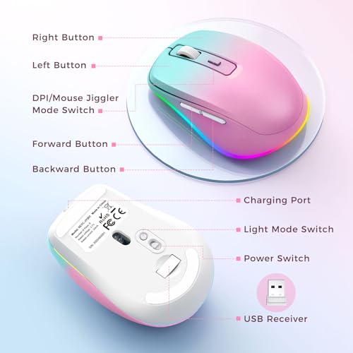 PEIOUS Wireless Mouse Jiggler - Keep Computers Awake, Gradient Pink | Rechargeable LED Mouse, Silent Clicks, Adjustable DPI and Random Movement Keep Computers Awake for Laptop/PC/Mac - color: Gradient Pink