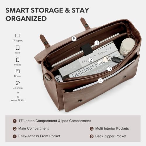 RAINSMORE Messenger Bag for Men 17” PU Laptop Flap Retro Briefcase Waterproof Satchel Bag for Office Business Travel College - color: Brown
