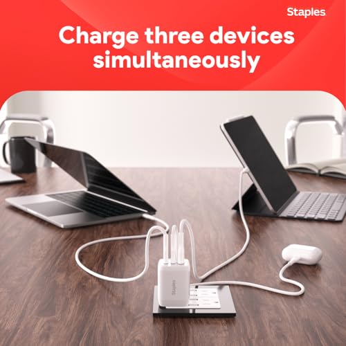 Staples TECH GaN Wall Charger, 65W – USB‑A & USB‑C Fast Charging, Includes Charging Cable, Compact Power Adapter for iPhone, Samsung, iPad & USB‑C Devices - style: 65 Watt