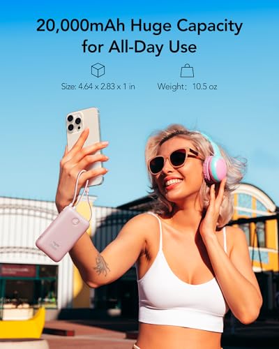 VIYISI Power Bank 20000mAh 30W Fast Charging Portable Charger with Built-in Cables & LED Display, USB C Battery Pack for iPhone 17/16/15/14, Samsung, iPad and Android Phones, Ideal for Travel-Pink - color: Pink