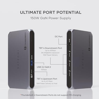 Satechi Thunderbolt 4 Dock Slim Hub Pro, USB C 100W Charging, Single 8K or Dual 4K Display, 4 Thunderbolt 4 Ports, USB 3.2 Gen2, for Mac/Windows, MacBook Air/Pro, Dell, Surface, Lenovo - style: Thunderbolt 4 Slim Pro Hub - 96W
