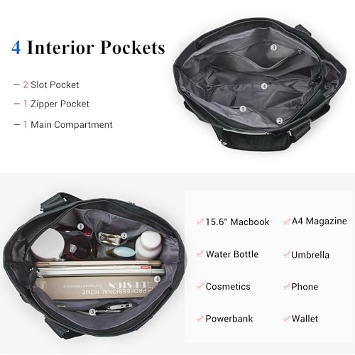 VOLGANIK ROCK Canvas Tote Bag Waterproof Nylon Multi Pocket Shoulder Bags Laptop Work Bag Teacher Purse Handbag for Women Men - color: Black