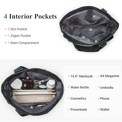 VOLGANIK ROCK Canvas Tote Bag Waterproof Nylon Multi Pocket Shoulder Bags Laptop Work Bag Teacher Purse Handbag for Women Men - color: Black