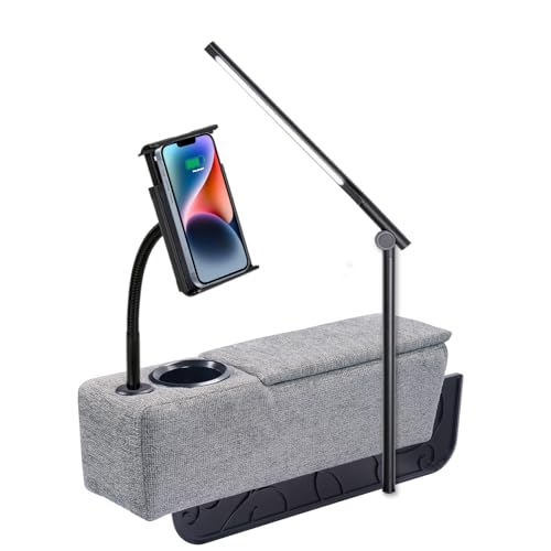 Multifunctional Sofa Armrest, Couch Armrest with Wireless Charge Stand, Removable Couch Caddy with Storage,Including LED Reading Light - color: Pewter, size: Fabric-1 CUP