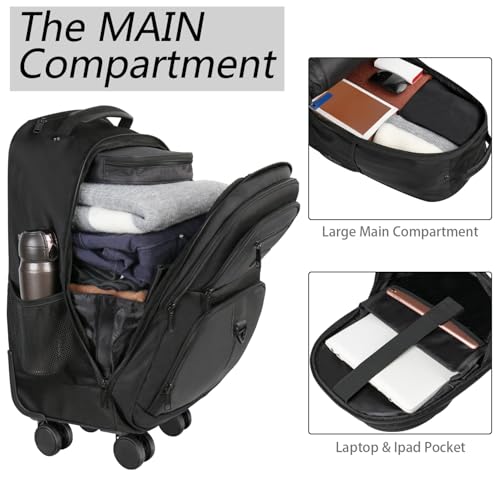 MATEIN Rolling Backpack with 4 Wheels, 17 inch Spinner Backpack for Men | Water Resisatnt Large Busines Travel Wheeled Bag, Airline Approved Roller Carry on Luggage Suitcase Bag, Black - color: Black, size: 17 inch