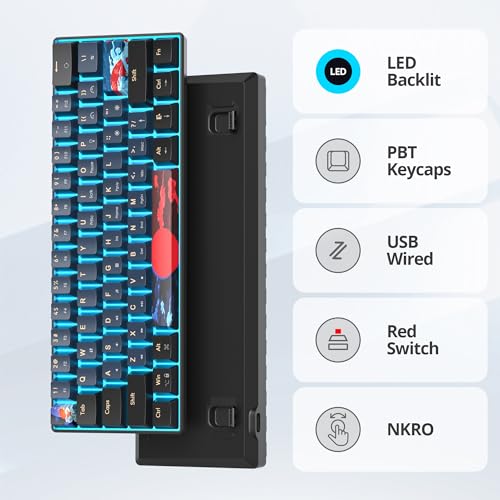 Portable 60% Mechanical Gaming Keyboard, Red Switch LED Backlit, 61 Keys Mini Black Blue, USB Wired for Windows Mac Laptop PC (61 Blue Samurai) - color: 61 Blue Samurai/Red Switch