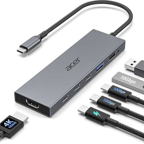 Acer 6-in-1 USB C Hub 10Gbps, USB C to HDMI Adapter 4K@60Hz | 2*USB-C 3.2, 1*USB A 3.2, 1*USB 2.0 Data, 100W PD Port, Type C Multiport Splitter for Laptop/ MacBook Neo/Air/Pro, iPad Pro
