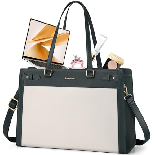 RAINSMORE Laptop Bag for Women 15.6 Inch PU Vegan Leather Work Tote Bag Waterproof Womens Briefcase Designer Computer Bag for Office Teacher College Travel Large Tote Purse Professional Purple & Beige - color: Dark Green & Beige