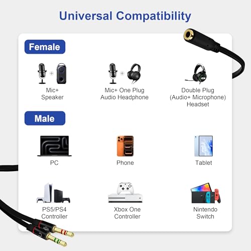 5 Pack Headphone Splitter, 3.5mm Female to 2 Dual Male Headset Adapter, Gold-Plated Mic Audio Y Splitter Cable for Smartphone PC Laptop Gaming Headset