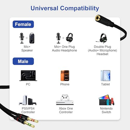 5 Pack Headphone Splitter, 3.5mm Female to 2 Dual Male Headset Adapter, Gold-Plated Mic Audio Y Splitter Cable for Smartphone PC Laptop Gaming Headset