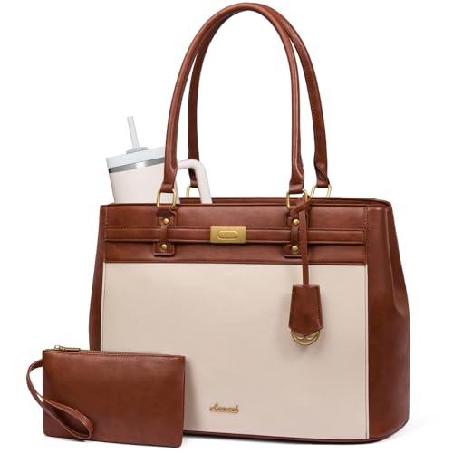LOVEVOOK Laptop Tote Bag for Women, 15.6 Inch Waterproof Leather Work Computer Bag, Large Business Office Briefcase Shoulder Handbag Purse Gifts for Women - color: Brown-white, size: Medium