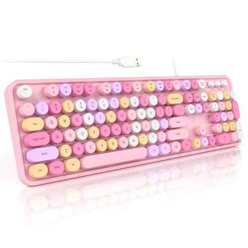 Colorful Computer Keyboards Wired, USB Plug and Play Full Size Typewriter Keyboard, Cute Aesthetic Keyboard with Foldable Stands for Windows PC Laptop (Pink) - color: Pink