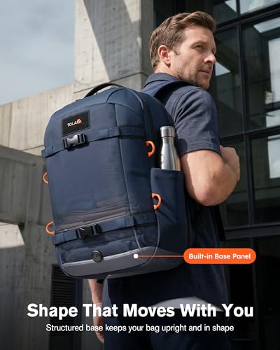 Tolaccea 30L Travel Laptop Backpack TSA Carry-On for Business Trips Commute | 100% RPET Recycled Fabric | EVA-cushioned Laptop Protection | TSA 180° Lay-flat Opening | Reinforced Stability Base Panel - color: Navy