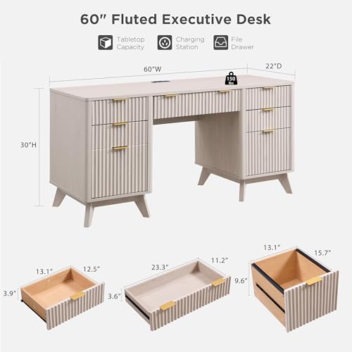 T4TREAM Fluted Executive Desk with Drawers, 60" Modern Home Office Computer Desk with Charging Station, File Cabinet, Keyboard Tray and Storage Cabinet for Study, Living Room, Bedroom, Alder White - color: Alder White