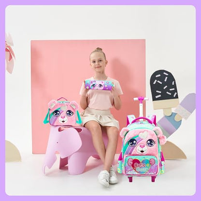 Meetbelify Cute Pink Bear Rolling Backpack with Wheels for Girls School Rolling Backpack Kids Travel Luggage for Girls Ages 5-12 - color: 01 Bear