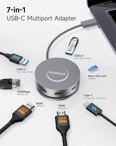 Micro USB C Docking Station Dual HDMI Monitor FORIDA USB C to USB Hub with 1 Gbps Ethernet 100W Power Delivery Micro SD Card Reader for MacBook/Dell/HP/Lenovo ThinkPad/Surface (Silver)