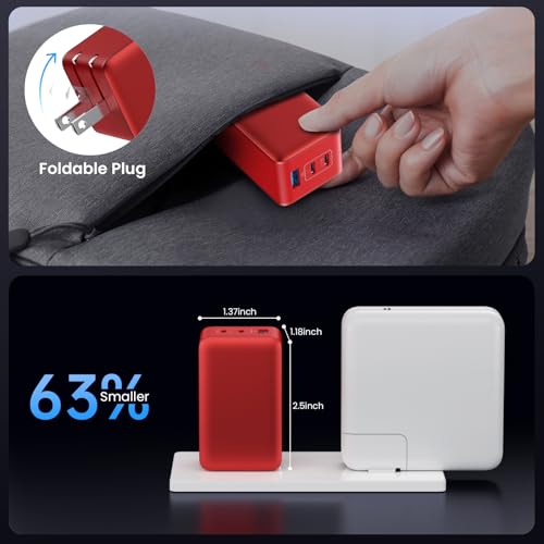 128W USB C Wall Charger,GaN III 3-Port Fast Charging Station,PD QC Foldable Charger Block Portable 65W Laptop Adapter for MacBook Pro/Air,iPad Pro,Galaxy S23,Dell XPS 13,iPhone 17/16/Pro etc - color: Red