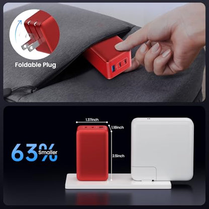 128W USB C Wall Charger,GaN III 3-Port Fast Charging Station,PD QC Foldable Charger Block Portable 65W Laptop Adapter for MacBook Pro/Air,iPad Pro,Galaxy S23,Dell XPS 13,iPhone 17/16/Pro etc - color: Red