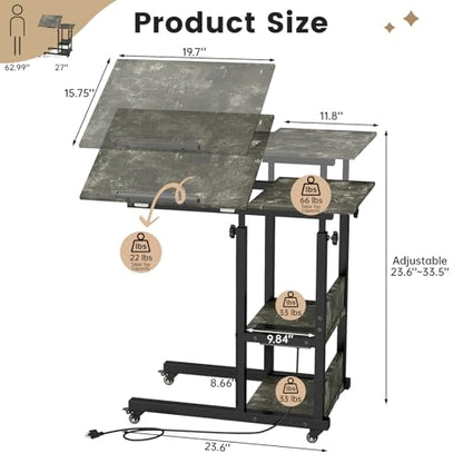 Hadulcet Adjustable C Table with Charging Station, Tiltable Desk C Shaped End Table for Couch, Over Bed Table with Wheels Adjustable Height, Laptop Stand Drawing Desk, Marble Grey - color: Marble Grey, style: Upgrade