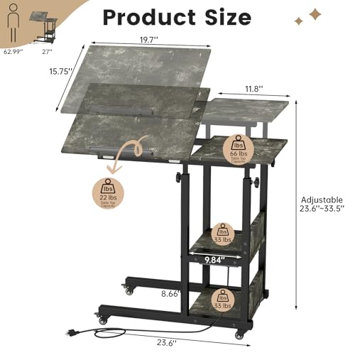 Hadulcet Adjustable C Table with Charging Station, Tiltable Desk C Shaped End Table for Couch, Over Bed Table with Wheels Adjustable Height, Laptop Stand Drawing Desk, Marble Grey - color: Marble Grey, style: Upgrade