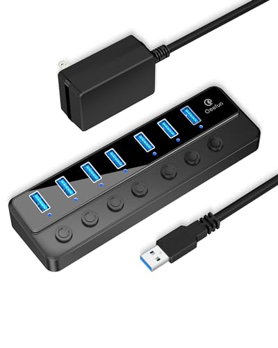 Qeefun Powered USB Hub, 7-Port USB 3.0 Data Extender with Individual LED On/Off Switches and 12V/2A Power Support Port, USB Splitter Expander for Laptop, Desktop PC, iMac and More - style: A to 7A