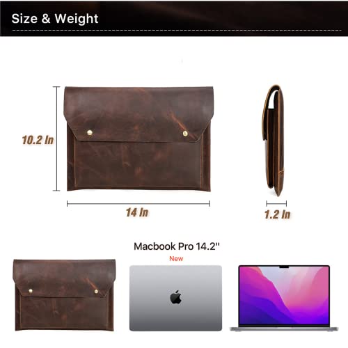 Top Grain Leather 14.2" Laptop Sleeve Bag, Magnet Snap Button Design & 3 Pockets, Compatible with MacBook Pro/Air 14"/13.3"/13.6" 2021 2022 M1 Pro/M1 Max A2442 & Other PC, Coffee 14.2 Inch - color: 【Bag】Magnetic Snap Button & 3 Pockets - Coffee, size: 14.