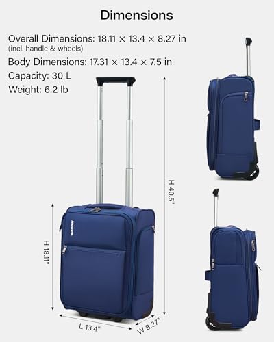 Hanke Underseat Carry On Luggage with Wheels, 17 Inch Rolling Bag, Blue | Fits 15.6 Inch Laptop, Shoe Bag Included, Small Suitcase, Softside, Trolley Sleeve, Water-Resistant, 30L Personal Item - color: Blue, size: 17 Inch Underseat Plus