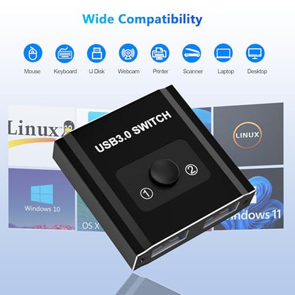 USB Switch, Bi-Directional USB3.0 Switcher 2 Computers Share Keyboard Mouse Printer, USB Splitter 1 in 2 Out/2 in 1 Out, USB-A Splitter for Laptop, Aluminum Selector, Keyboard Mouse Switch