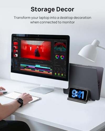 Vertical Laptop Stand Holder for Desk Compatible with MacBook Air, MacBook Pro Stand Vertical Aluminum Up to 17 inch, Gravity Auto-Lock Cooling, 3-in-1 Space Saving Desk Organizer Accessories - color: Black