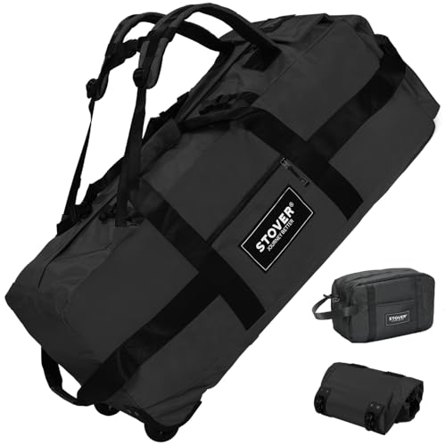 45/80/100L Rolling Duffel Bag with Wheels, X-Large Durable Travel Duffle + Toiletry Bag, Heavy Duty, Packable with Shoulder Straps- Use as Luggage or Backpack, Men/Women (Black) - color: Black