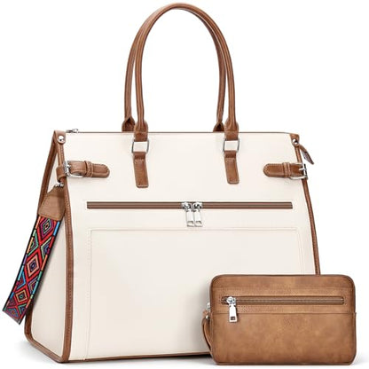 SYTRAH Laptop Tote Bag for Women, 15.6 inch Computer Purse | Faux Leather Laptop Tote with Satchel Purse, Fits 15.6" Laptop, 9-Pocket Organizer, 3-Way Convertible,Work & Casual - color: Beige Brown