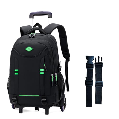 Rolling Backpack for Boys Elementary School Bag with Wheels Travel Trolley Bag 2 wheels and 6 wheels - color: Black/Green 6 Wheels, size: 6 wheels