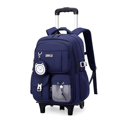 Mfikaryi Kids Rolling Backpack for Girls Boys, Wheeled School Bag Bookbag Kids Backpack with 2 Wheels - color: Two Wheels-dark Blue, style: Two Wheels